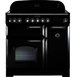 Rangemaster Classic Deluxe 90cm Electric Ceramic 81620 Range Cooker in Black with Brass Trim and Ceramic Hob